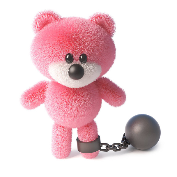 Naughty rózsaszín bolyhos mackó karakter viselni a labdát és a láncot, a nagyon szomorú, 3D illusztráció - Fotó, kép