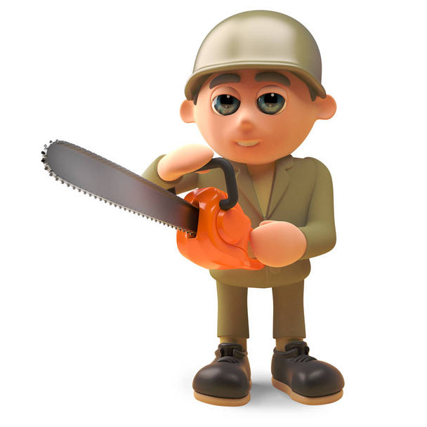 Cartoon 3d army soldier character in uniform holding a chainsaw, 3d illustration - Photo, Image