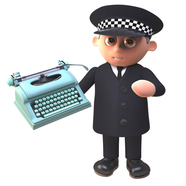 Poliisivirkailija univormussa pitäen kirjoituskonetta, 3D-kuva
 - Valokuva, kuva