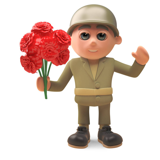 Romantyczny żołnierz armii charakter w mundurze trzyma kilka czerwonych kwiatów, ilustracja 3D - Zdjęcie, obraz