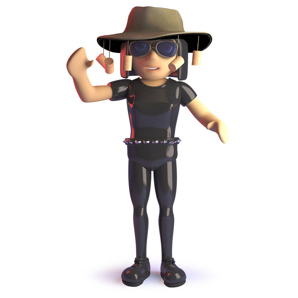 Cartoon Goth meisje dragen van een Australische Bush Tucker hoed, 3D-illustratie - Foto, afbeelding