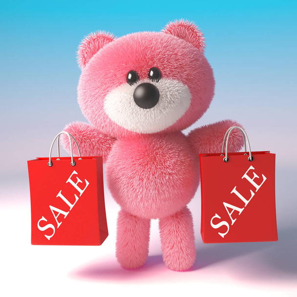 Chasseur de bonnes affaires rose pelucheux personnage ours en peluche a deux sacs à provisions de vente, illustration 3d
 - Photo, image