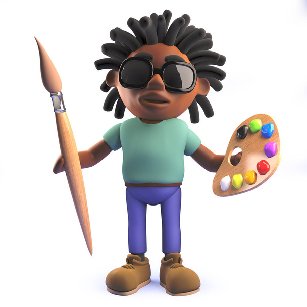 Ο αφρικανικός άνθρωπος κινουμένων σχεδίων σε 3D κρατώντας μια βούρτσα βαφής και παλέτα - Φωτογραφία, εικόνα