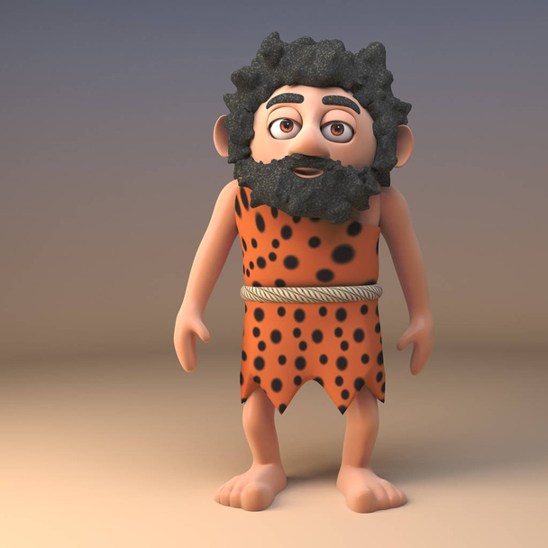 Fun loving caveman savage character in animal pelt stands peacefully and still, 3d illustration - Photo, Image