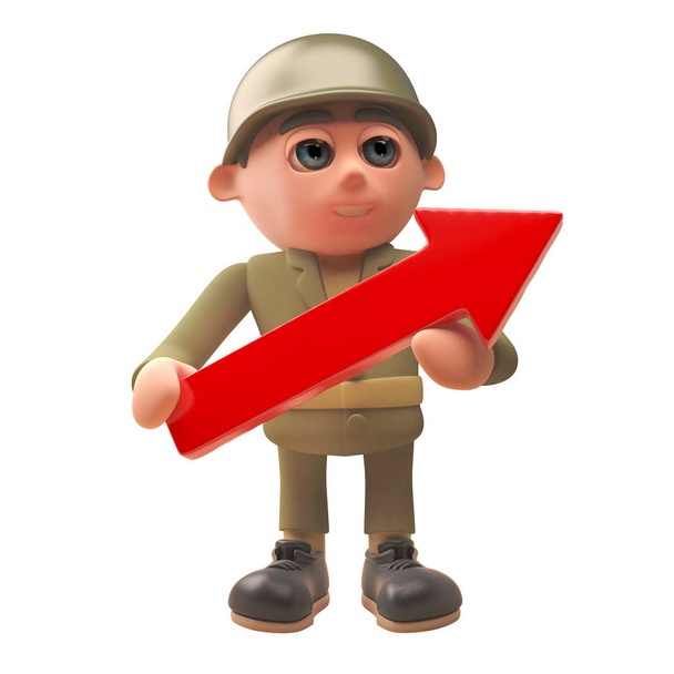 Храбрый солдат армии в форме в 3D держа красную стрелку, 3d иллюстрации
 - Фото, изображение