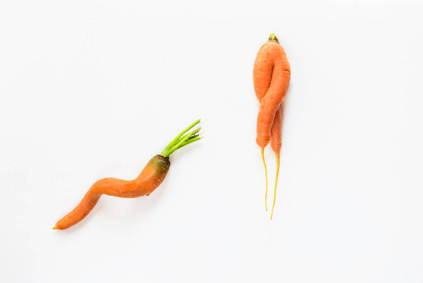 Ugly carrots on a white background. Ugly food concept, flat lay. - 写真・画像
