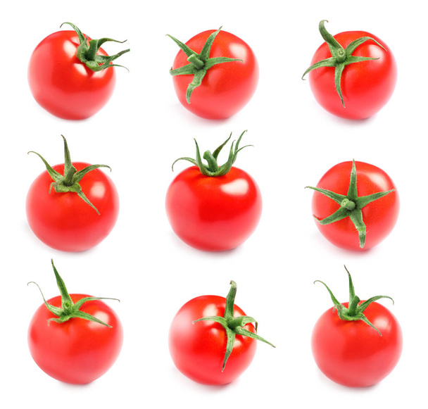 Set of juicy ripe cherry tomatoes on white background - Zdjęcie, obraz