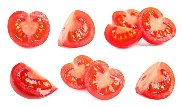 Set of juicy ripe cherry tomatoes on white background - Foto, afbeelding