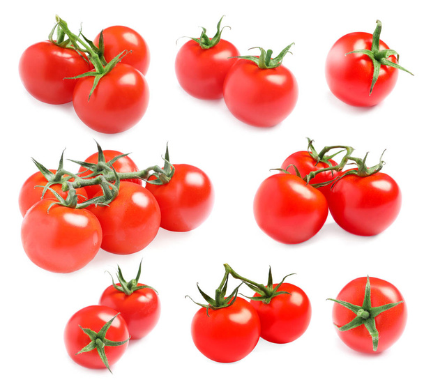 Set of juicy ripe cherry tomatoes on white background - Фото, изображение