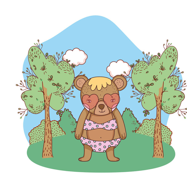 милый медвежонок в солнечных очках в лагере
 - Вектор,изображение