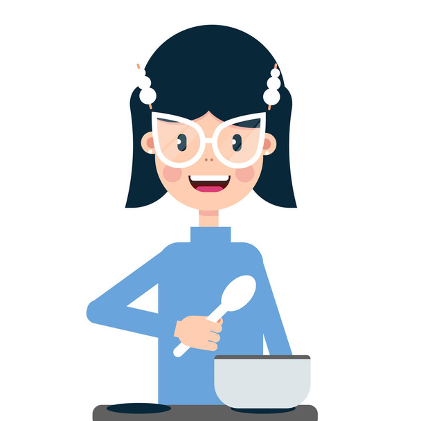 Ilustración de una niña preparando comida en una estufa de inducción
 - Vector, imagen