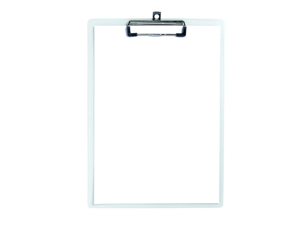 Klembord met wit blad geïsoleerd op een witte achtergrond. Bovenaanzicht. Mock-up voor Word. - Foto, afbeelding