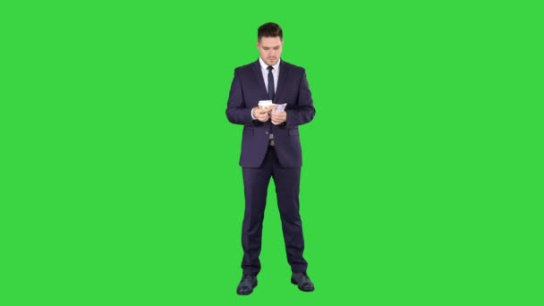 Hombre de negocios guapo contando euros en una pantalla verde, Chroma Key
. - Imágenes, Vídeo
