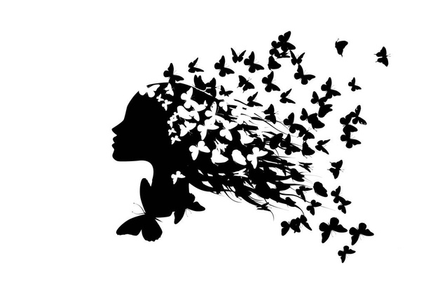 Силуэт профиля красивой девушки с бабочками, летящими из ее волос на белом фоне - векторная иллюстрация
 - Вектор,изображение