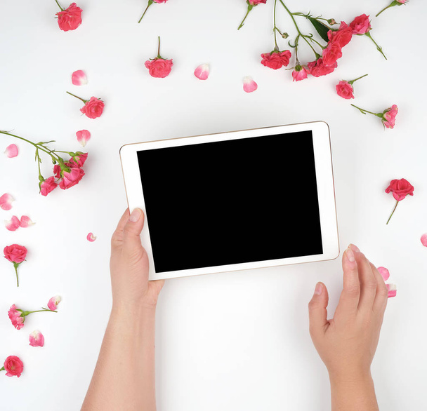 elektroninen tabletti, jossa on tyhjä musta ruutu ja kaksi naiskättä
 - Valokuva, kuva