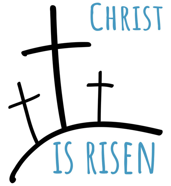 Синий текст Chtist is risen doodle three crosses
 - Вектор,изображение