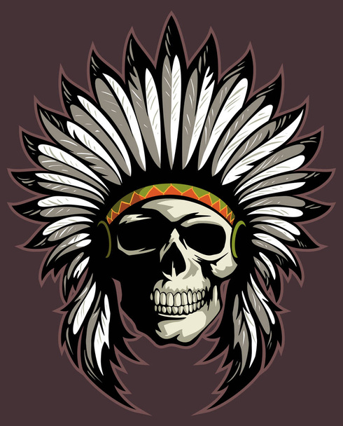 Native American Skull with the indian chief headdress of feathers. Vector skull logo. - Διάνυσμα, εικόνα