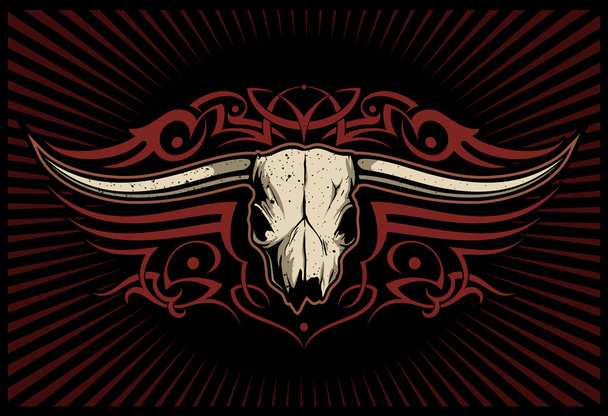 Bull skull with the tribal ornaments on the background, vector image. - Vektör, Görsel