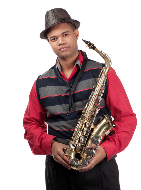 Retrato de atraente jovem saxofonista
 - Foto, Imagem