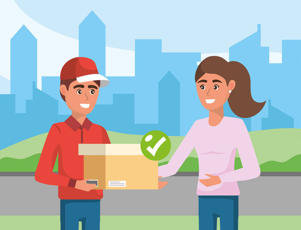 delivery man with box distribution service to a woman - Vector, Image