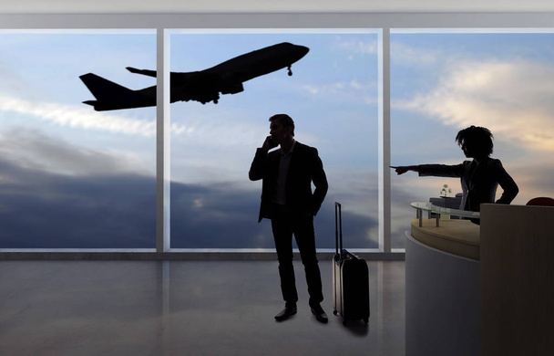 Gestrest zakenman passagier ruzie met een stewardess of receptioniste op een luchthaven check-in teller. Hij is boos vanwege een vertraagde of geannuleerde vlucht.   - Foto, afbeelding