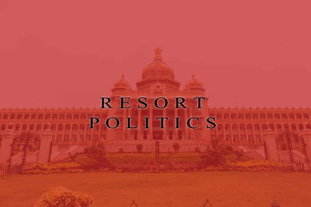 Concepto de crisis políticas en la democracia india, Printed Resort Politics on Vidhana Soudha
. - Foto, Imagen