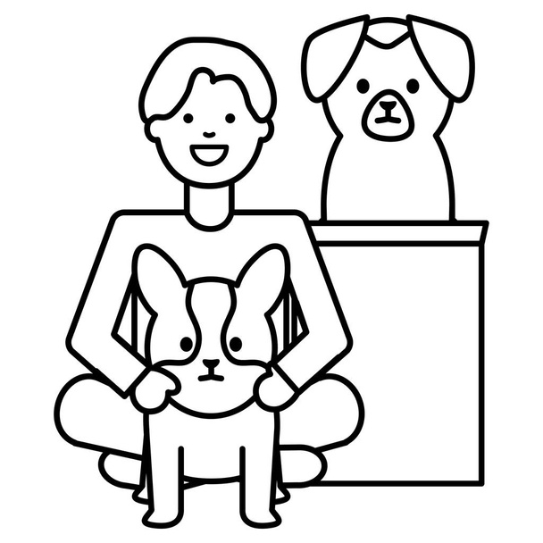 young boy with little dogs adorables mascots - Vector, Image