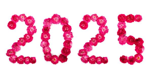 Inscripción 2025 de flores rosadas frescas y rosas rojas sobre un fondo blanco. Aislar, primer plano. Feliz Año Nuevo
. - Foto, Imagen
