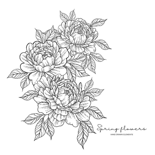 Flores de peonía en estilo de tatuaje japonés. Flores de tinta dibujadas a mano. Elementos florales blanco y negro. Ilustración vectorial
. - Vector, imagen
