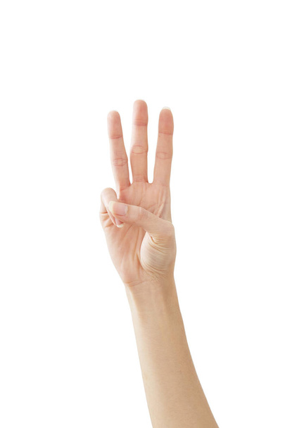 Γυναίκα χέρι που δείχνει την ειρήνη τρία σε λευκό - Φωτογραφία, εικόνα