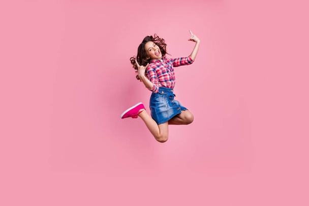 Full length body size view photo of charming lovely sweet kid hispanic crazy scream shout excited delighted wear plaid fashionable clothes denim jeans skirt sneakers isolated pastel-colored background - Valokuva, kuva