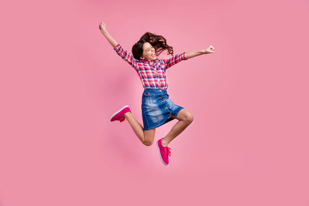 Full length body size view photo delighted funny lady people young person raise hands fists scream yeah achievement content isolated wear fashionable plaid denim jeans skirt outfit pastel background - Fotografie, Obrázek