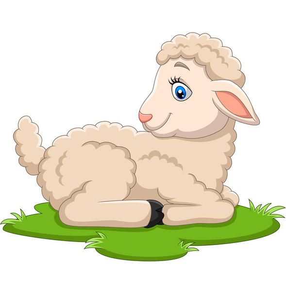 草の上に座っている漫画の幸せな子羊のベクトルイラスト - ベクター画像
