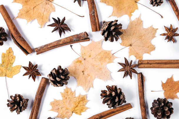 Autumn composition. Pattern made of dried maple leaves, cinnamon, cones on white background. Autumn and thanksgiving day concept. Flat lay, top view, copy space - Foto, immagini