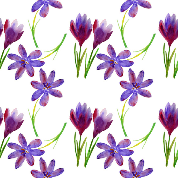 Seamless watercolor Pattern with purple flowers. - Фото, изображение