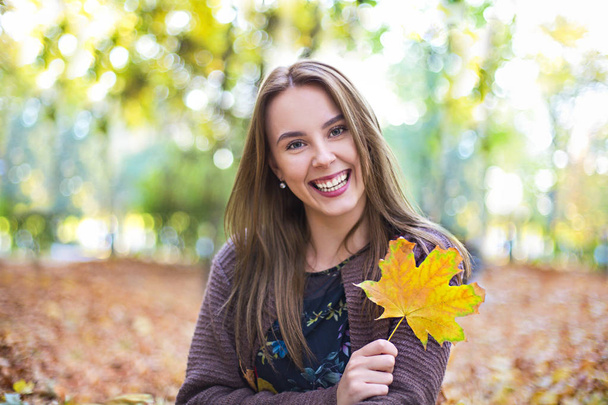 Happy brunette girl posing in autumn park on yellow trees backgr - Zdjęcie, obraz