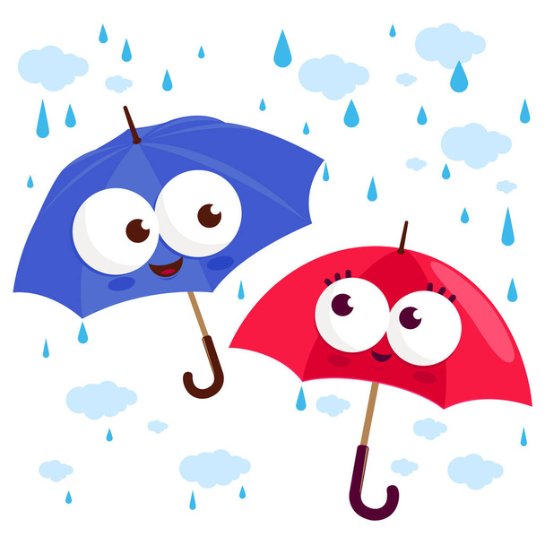 Cute umbrella characters in the rain. Vector illustration - Vektor, obrázek