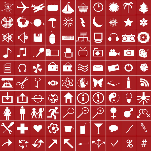 100 weiße Web-Symbole auf rotem Hintergrund - Foto, Bild