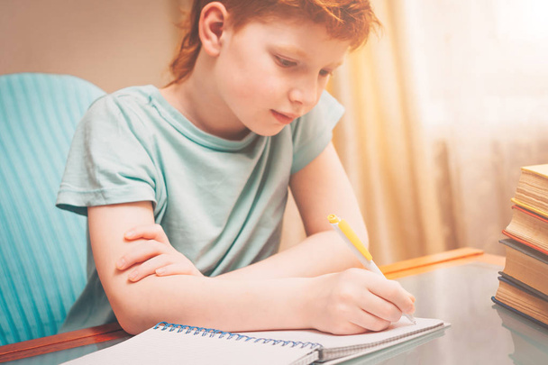 Red-haired boy writes in a notebook while doing school homework surrounded by books - Fotoğraf, Görsel