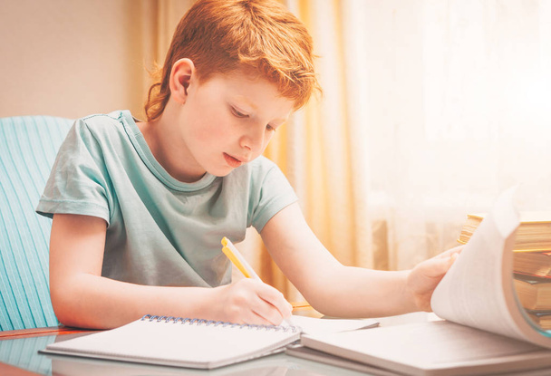 Red-haired boy looks in the book getting knowledge, diligent student - Zdjęcie, obraz