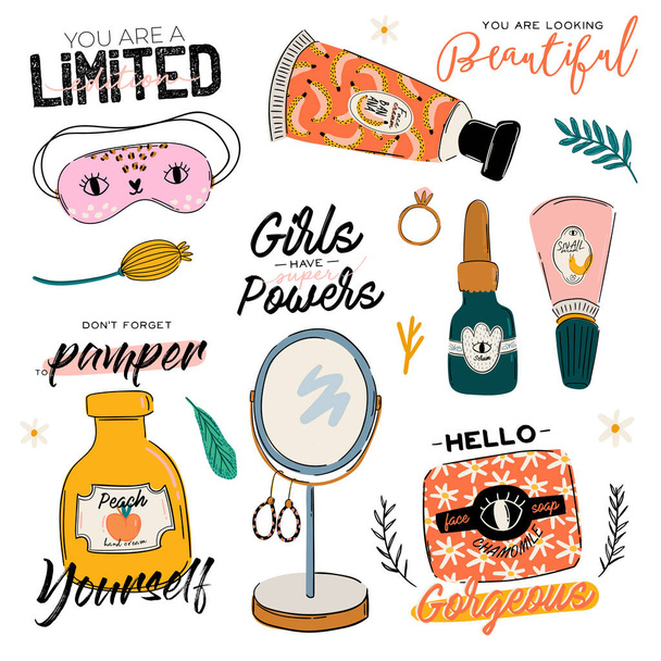 Skincare routine set with natural organic cosmetics products in bottles, jars, tubes for skin in trendy doodle style. Cute motivational and inspirational girl power lettering. Vector illustration - Vector, Image