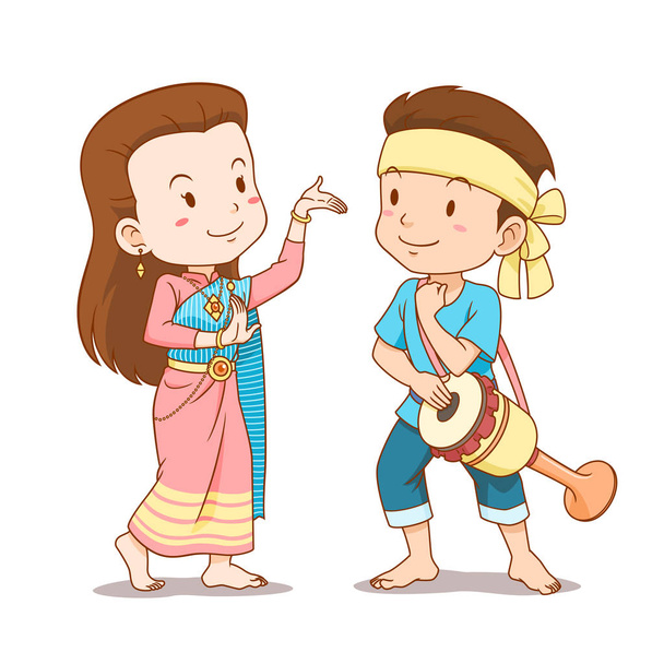 Bande dessinée couple mignon de danseurs thaïlandais traditionnels. Danse thaïlandaise du tambour long
. - Vecteur, image