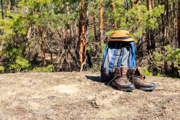 Toeristische rugzak, wandelschoenen en hoed op de glade in dennenbos. Wandelconcept - Foto, afbeelding