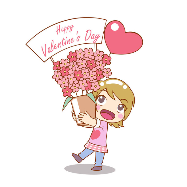 Lány gazdaság csokor virágot rajzfilmfigura Valentin nap. - Vektor, kép