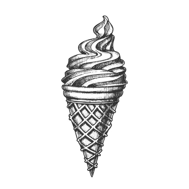 Ice Cream In Waffle Cornet Snow Cone Ink Vector - Vector, Imagen
