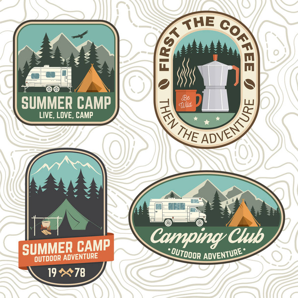 Set of Camping and caravanning club badges. Vector. Concept for logo, print, stamp, patch or tee. Vintage typography design with camp trailer, coffee maker, forest and mountain silhouette. - Vector, Image