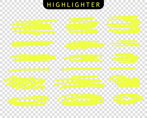 Gelbe Striche markieren die Linie. Vektor markieren Pinselstriche. Handzeichnung Skizze unterstrichen, Streifen. Elemente auf isoliertem transparentem Hintergrund. - Vektor, Bild