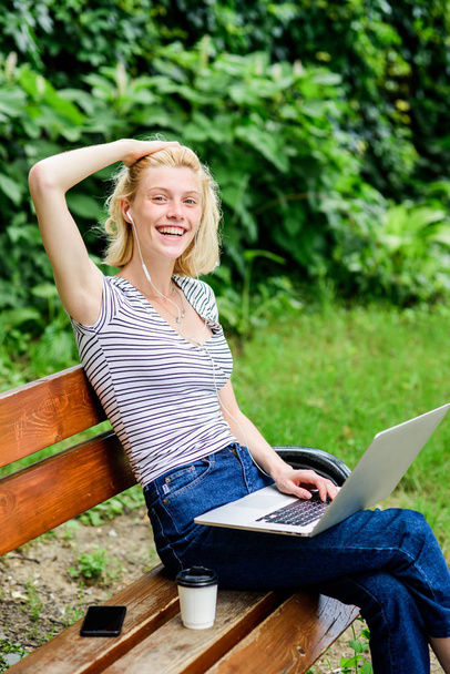 Inspire. writer with notebook. woman has business online. Web communication. Blogger becoming inspired by nature. summer online. Blogger create content for social network. girl with laptop - Foto, Bild