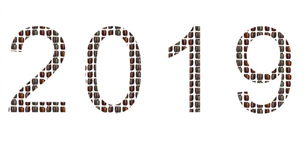 Textur Eiche Barrel Figuren zweitausend neunzehn Symbol Neujahr weißen Hintergrund - Foto, Bild