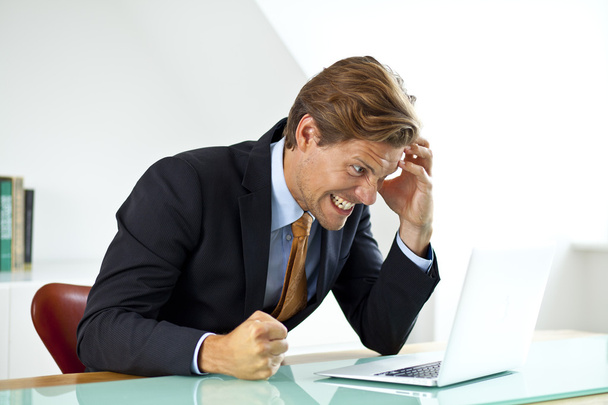 Frustrated Businessman Sitting At Desk In Office Using Laptop - Foto, imagen